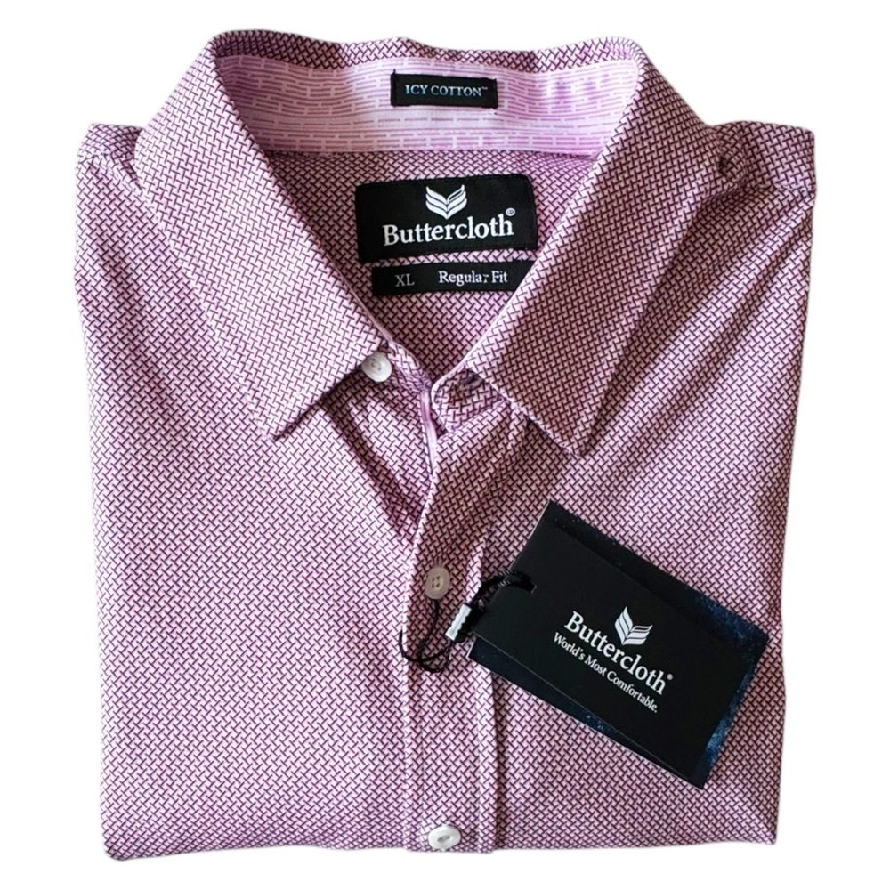 Buttercloth Icy Cotton Short Sleeve Button Down in Opal Brooke Pink/Navy | XL
